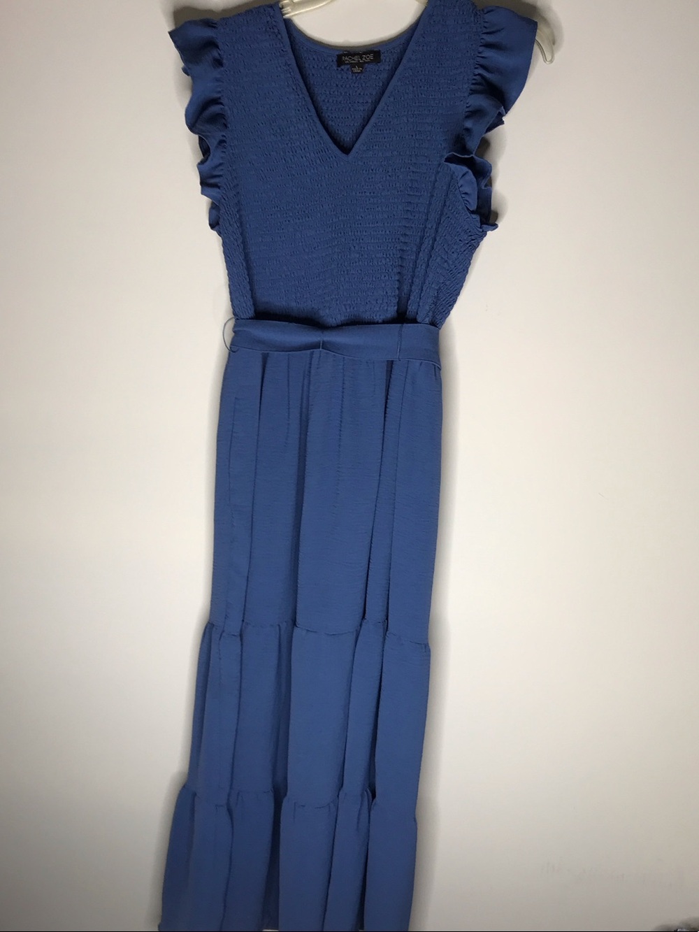 Rachel Zoe Cornflower Blue Smocked V-Neck Ruffle Sleeve Maxi Dress Large - Picture 4 of 5